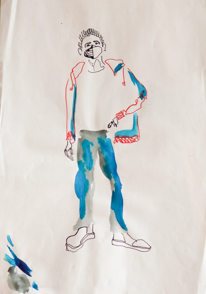 Piros, kék és szürke vonalrajz álló férfialakról, laza kortárs figuratív grafika
