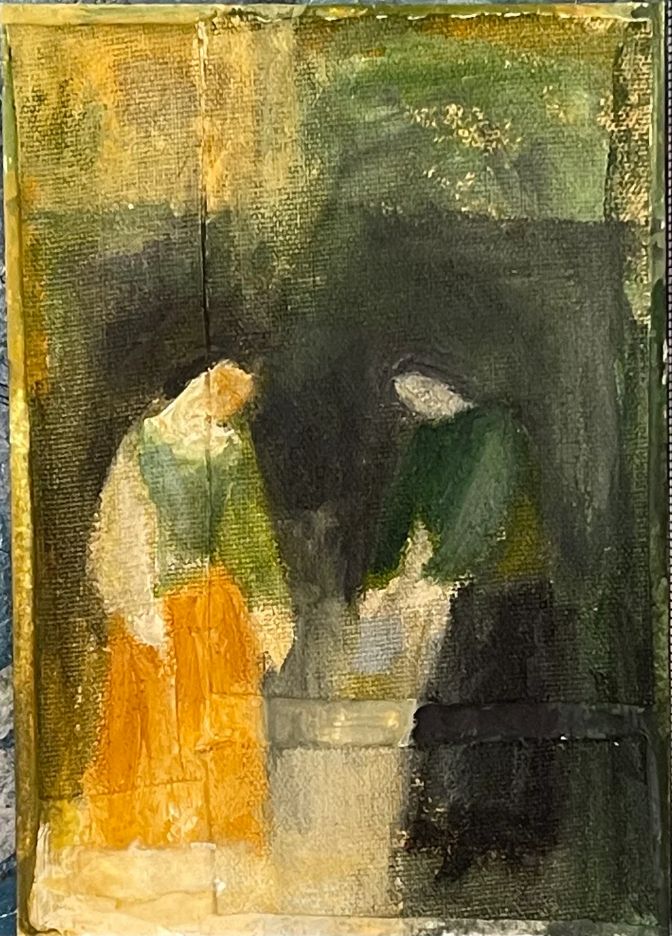 Pisák Krisztina két nőalakot ábrázoló figuratív gouache festménye, az egyik nő sárga szoknyát visel