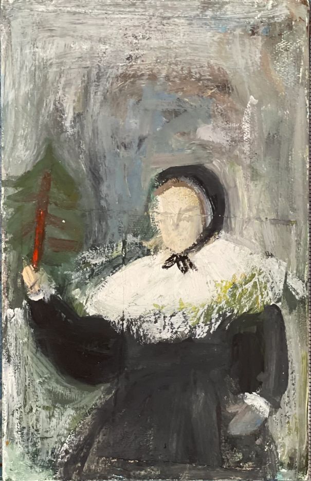 Pisák Krisztina intim hangulatú gouache festménye karácsonyfa mellett álló, csipkés gallérú idős hölgyről