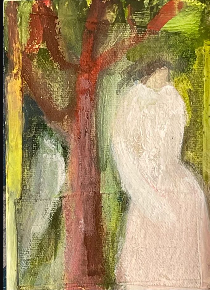 Pisák Krisztina rózsaszín ruhás nőalakot és vörösesbarna fatörzset ábrázoló figuratív gouache festménye