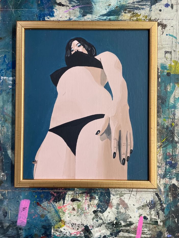 Pulpbrother From Up Here című, felülnézeti jelenetet ábrázoló pop-szürrealista akrilfestménye