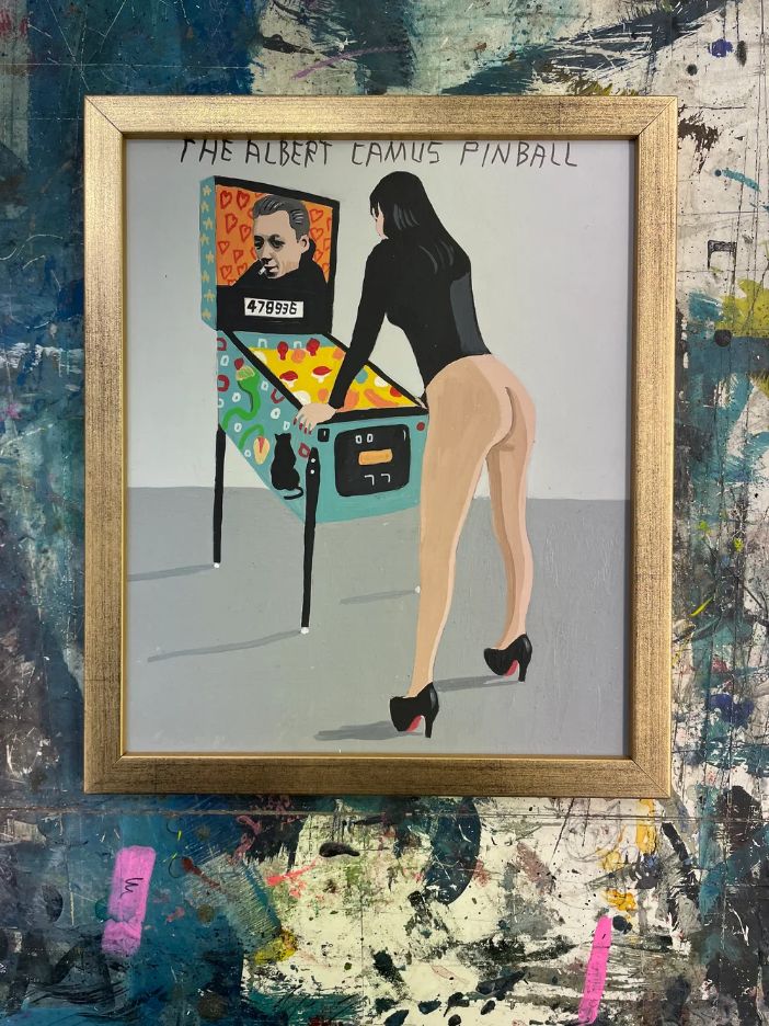 Pulpbrother Camus Pinball című játékos pop-art akrilfestménye Albert Camus és egy flipper motívumával