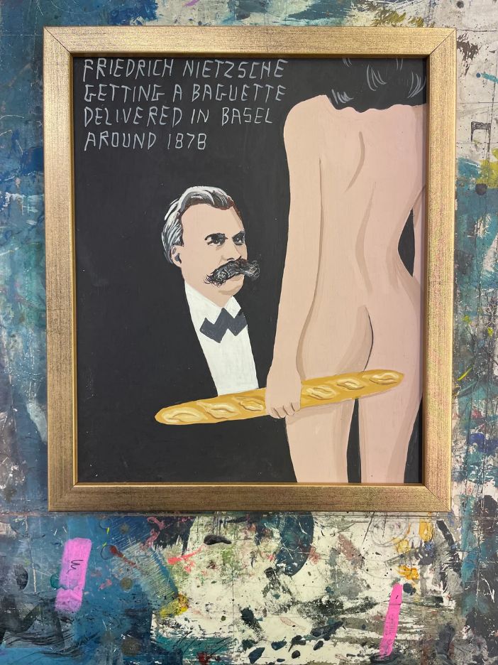 Pulpbrother Nietzsche Baguette című humoros pop-art akrilfestménye Nietzsche és egy bagett motívumával
