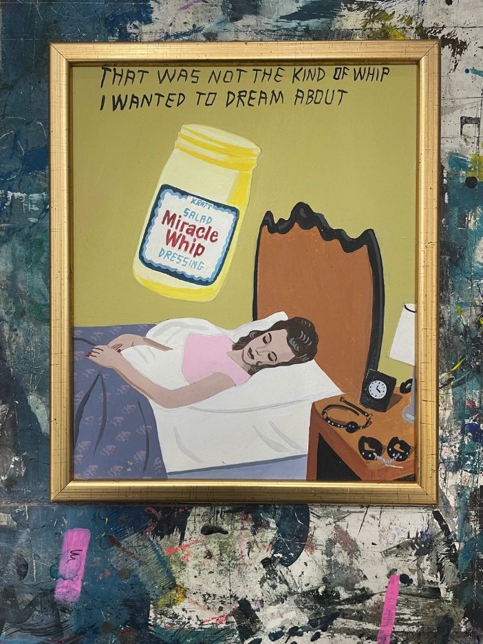 Pulpbrother Miracle Whip című humoros, szürreális akrilfestménye élénk színekkel