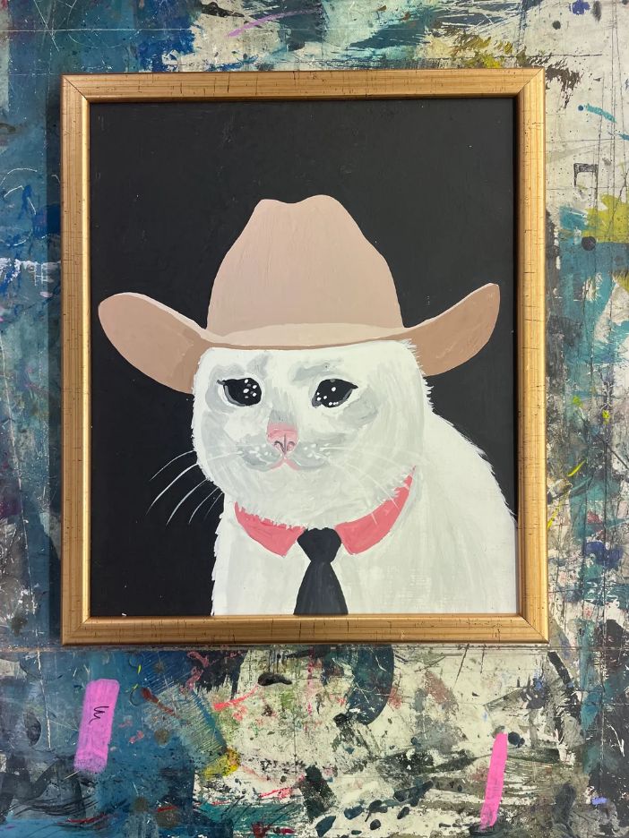 Pulpbrother Sad Cat című, szomorú macskát ábrázoló színes pop-szürrealista akrilfestménye