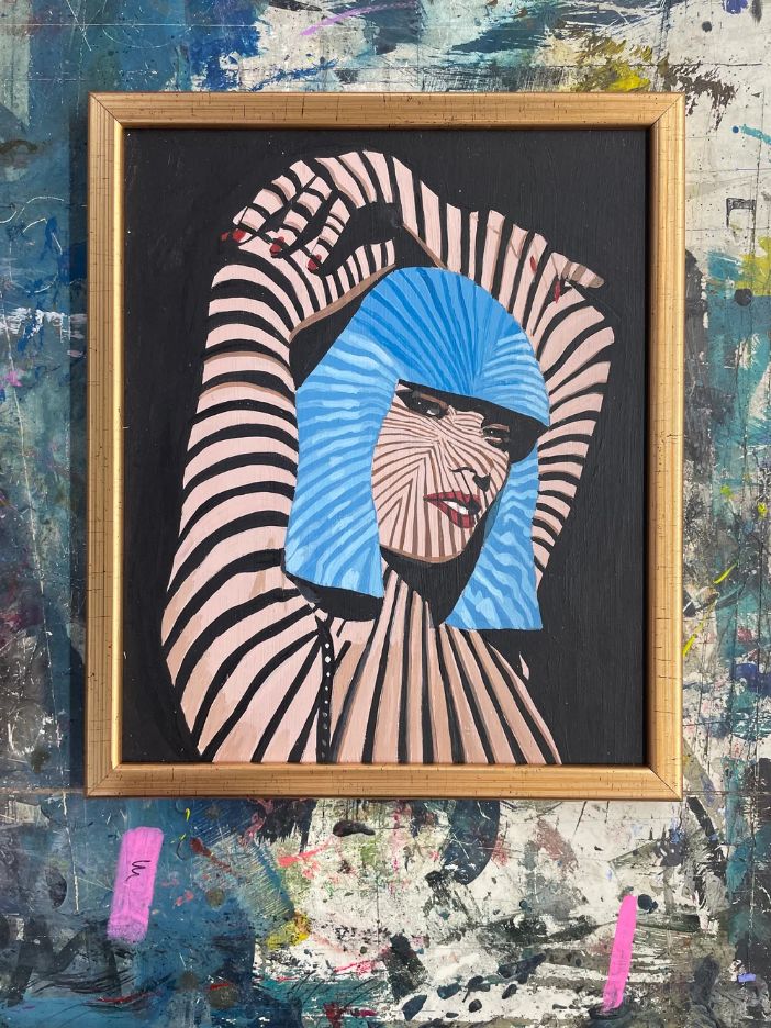 Pulpbrother Crazy Horse című dinamikus, élénk színű pop-szürrealista akrilfestménye lómotívummal