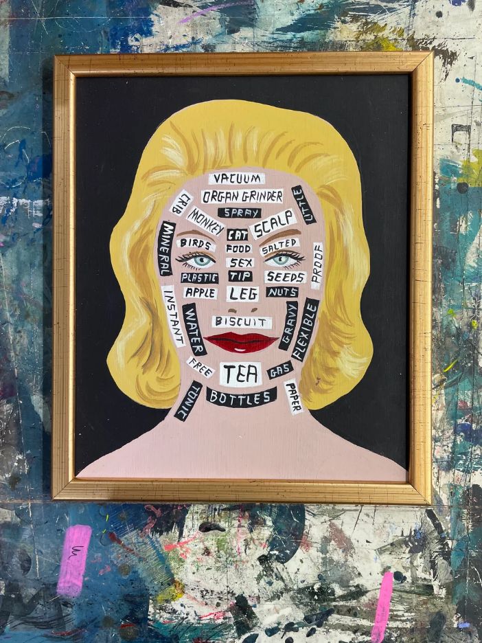 Pulpbrother Biscuit című humoros, kekszmotívumú pop-art akrilfestménye rétegelt falemezen
