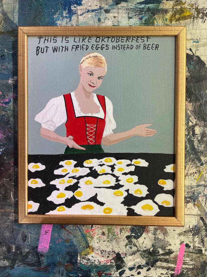 Pulpbrother Oktoberfest című vidám, sörfesztivált idéző figuratív akrilfestménye