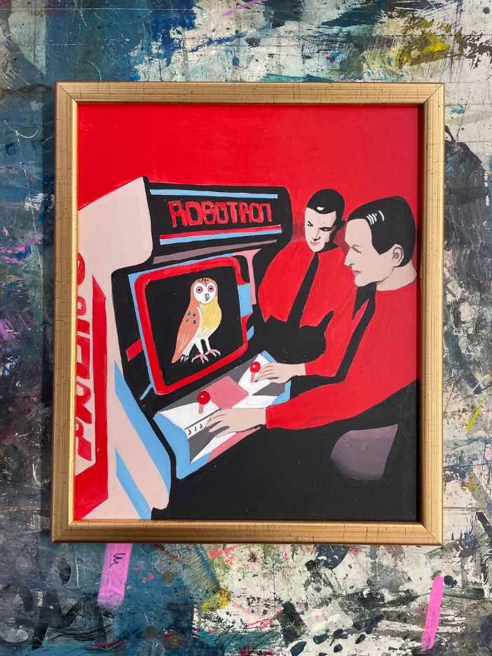 Pulpbrother Kraftwerk című színes pop-art akrilfestménye az elektronikus zenekar motívumaival