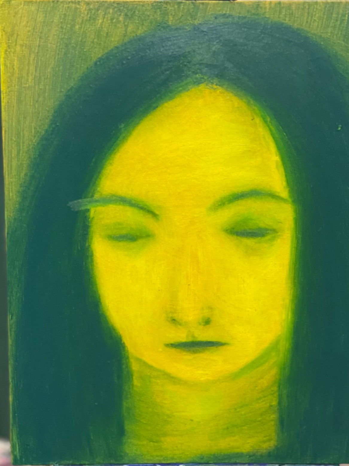 Silence - green and yellow - sad girls - 24x18 cm, mixed media
